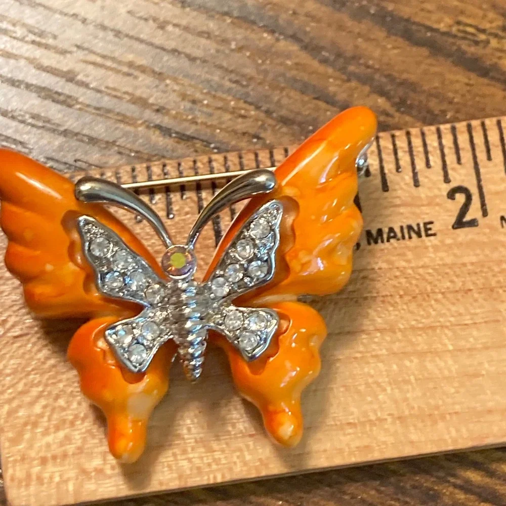 Orange Enamel Butterfly Brooch Rhinestone Silver Tone Insect Pin Marbled Wing
